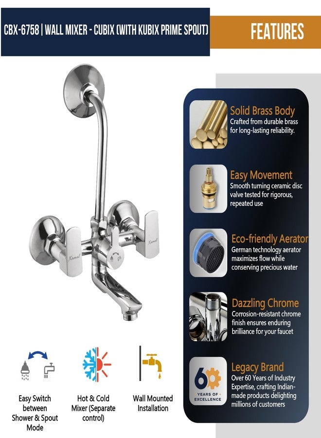 Kamal Wall Mixer - Full Brass Cubix Kubix Prime Spout | A++ Quality Hot & Cold Water Shower Mixture Provision for Overhead Shower & 165mm Long Bend Pipe Easy to Use with Wall Flange and Legs - Image 3